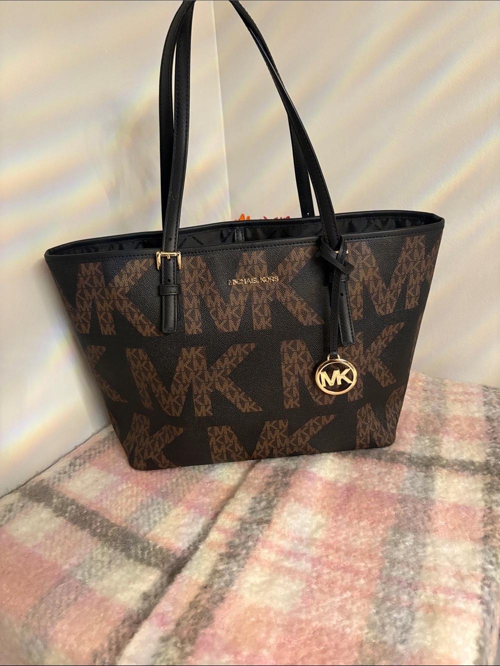 Michael Kors Brown and Black Signature Tote with Gold Charm